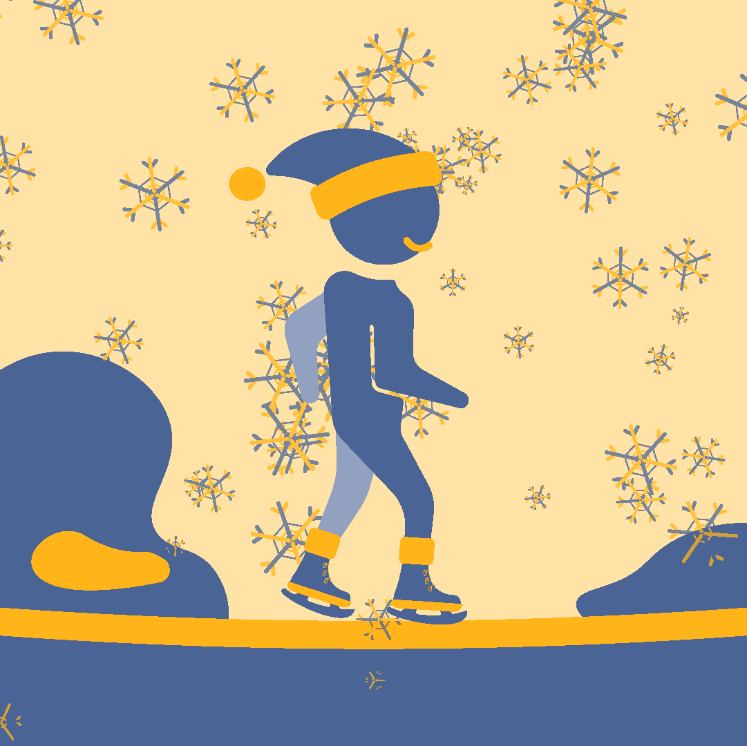 A happy cartoon person skating on a frozen lake, doing laps.